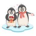 Loving couple of penguins with a gift and a heart. Cute characters in cartoon style. Valentine\'s Day. Royalty Free Stock Photo