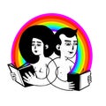 Loving couple in a rainbow circle reading