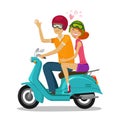 Loving couple riding scooter. Journey, travel concept. Cartoon vector illustration