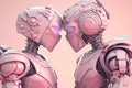 Loving couple of robots in an embrace on a pastel pink background. Generated AI