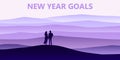 Loving couple silhouette , a man and a woman are looking at the new year goals. Mountain landscape minimalistic. Rocks