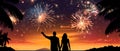 Loving couple silhouetted against evening fireworks, with copy space. Ideal for festive occasions and holiday cards.