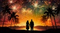 Loving couple silhouetted against evening fireworks, with copy space. Ideal for festive occasions and holiday cards.