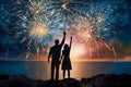 Loving couple silhouetted against evening fireworks, with copy space. Ideal for festive occasions and holiday cards.