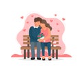 Loving couple sitting on the bench. Celebrating love and St.Valentine`s day. Cute vector illustration in flat style.