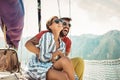 Couple spending happy time on a yacht at sea. Luxury vacation on a seaboat