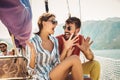 Couple spending happy time on a yacht at sea. Luxury vacation on a seaboat Royalty Free Stock Photo