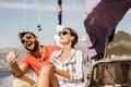 Couple spending happy time on a yacht at sea. Luxury vacation on a seaboat Royalty Free Stock Photo