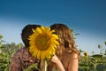 Loving couple and sunflower on the field