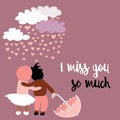 Loving couple with umbrella with clouds with raining hearts above them. Vector illustration on pink background. I miss you so much