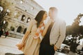 Loving couple visiting Italian famous landmarks in Rome