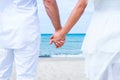 Loving couple walking and embracing on the beach Royalty Free Stock Photo