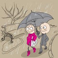 Loving couple walking park in rain. Autumn weather rain Royalty Free Stock Photo