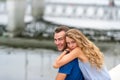 Loving couple walking park and the river. Royalty Free Stock Photo