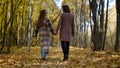 loving couple is walking in park in sunny autumn day, holding hands Royalty Free Stock Photo