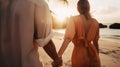 A loving couple walking on a tropical beach at sunset, ai generative illustration Royalty Free Stock Photo