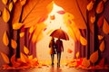 Loving couple walking under umbrella in the autumn season background Royalty Free Stock Photo