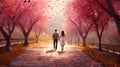 Loving couple walks in park illustration card. St. Valentine's Day. Love and happy relationship concept. AI Royalty Free Stock Photo