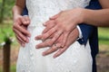 Loving couple wedding fingers golden rings on bride groom hands on white dress Royalty Free Stock Photo