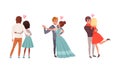 Loving Couples of Man and Woman Embracing and Dancing Together Vector Set