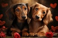 A loving dachshund pair, heart motif, embodies Valentines Day charm