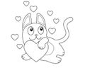 Loving, dreamy cat with hearts. Funny kitten hugs a big heart surrounded by small hearts - vector linear picture for coloring for