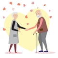 Loving elderly couple on a background with hearts. Valentine Day template. Man and woman holding hands.