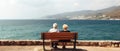 Loving the elderly couple sitting on a bench