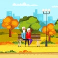Loving elderly couple sitting on park bench flat vector illustration