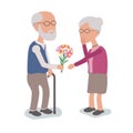 Loving Elderly Man gives flowers to Wife