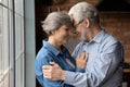 Loving elderly retired mature family couple cuddling near window.