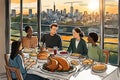 loving family enjoy thanksgiving lunch at the table with view, illustration