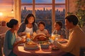 loving family enjoy thanksgiving lunch at the table with view, illustration