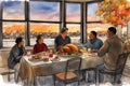 loving family enjoy thanksgiving lunch at the table with view, illustration Royalty Free Stock Photo