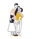 Loving family. Father, mother and two daughters standing together and cuddling. Parents and children hugging. Flat