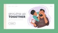 Loving Family Landing Page Template. Son Surprises Dad, Closes Eyes, And Gives Gift for Fathers Day or Birthday