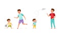 Loving Father and His Son Playing Football and Flying Paper Plane Spending Weekend Together Vector Set Royalty Free Stock Photo