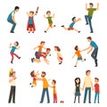 Loving Father Playing and Having Fun with His Kids Enjoying Good Time Together Big Vector Set Royalty Free Stock Photo
