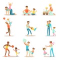 Loving Fathers Playing And Enjoying Good Quality Daddy Time With Their Happy Children Set Of Cartoon Illustrations Royalty Free Stock Photo