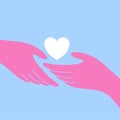 Loving hands with white heart in flat vector illustration Royalty Free Stock Photo