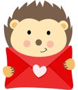 Loving hedgehog holding a valentine letter envelope