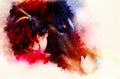 Loving horse and a girl, girl hugging a horse. Portrait woman and horse and softly blurred watercolor background. Royalty Free Stock Photo