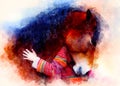 Loving horse and a girl, girl hugging a horse. Portrait woman and horse and softly blurred watercolor background.