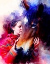 Loving horse and a girl, girl hugging a horse. Portrait woman and horse and softly blurred watercolor background. Royalty Free Stock Photo