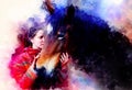 Loving horse and a girl, girl hugging a horse. Portrait woman and horse and softly blurred watercolor background. Royalty Free Stock Photo