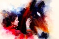 Loving horse and a girl, girl hugging a horse. Portrait woman and horse and softly blurred watercolor background.