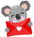 Loving koala holding a valentine letter envelope