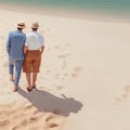 Loving male couple walking on white sand towards tropical turquoise ocean, on a warm sunny day. Mature gay couple. Generative AI