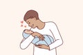 Loving man holds newborn baby in arms and smiles enjoy communication with own son. Vector image