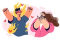 Loving man scares woman with excessive excitement and emotionality, standing among flames